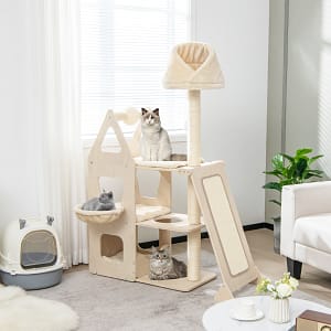 Costway Torre per gatti da 155cm con rampa in sisal lettino, Postazione per arrampicarsi con trespolo in peluche Naturale