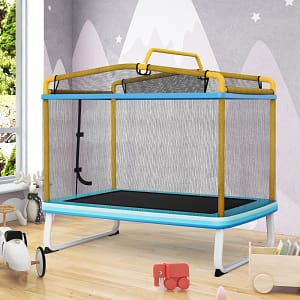 Costway Trampolino per bambini con rete di protezione altalena barra orizzontale, Trampolino da esterno 190x124x222cm Giallo