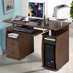 Costway Scrivania per computer da ufficio con cassetti Tavolo porta pc in legno con supporto per tastiera 120x55x85cm Noce