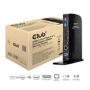 Club3d docking station input usb 3.0 b male dc 5v fem output displayport usb a 3.0 gigabit ethernet port 3.5mm audio jack 2.1 3.5mm mic jack