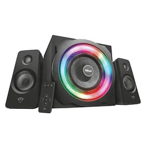 Trust tytan gxt 629 set altoparlanti con subwoofer 2.1 illuminazione rgb 120 w casse pc da gaming con telecomando wireless per computer portatile tablet smartphone nero
