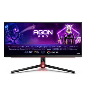 Aoc agon pro ag344uxm – monitor gaming da 34 pollici wqhd, 170 hz, 1 ms, g-sync, freesync premium, hdr1000 (3440×1440, hdmi 2.1, displayport, usb-c, usb hub) nero