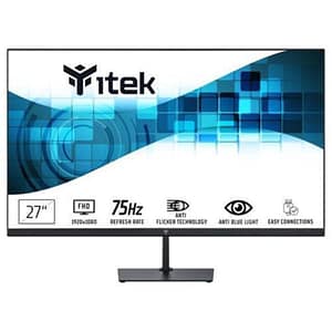 Itek monitor gwf 27“ , piatto, risoluzione fhd 1920×1080, pannello va da 75hz, schermo 16:9, collegamenti hdmi e vga, uscita audio, lbl, sottile, senza cornice