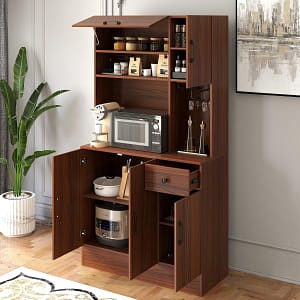 Costway Armadio dispensa con vetrina e prese di corrente, Armadio da cucina con portabicchieri cassetto e ripiani regolabili per sala da pranzo