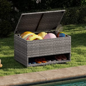 Costway 186 L Box contenitore da patio con scarpiera, Scatola da esterno in rattan intrecciato con rivestimento protettivo Grigio