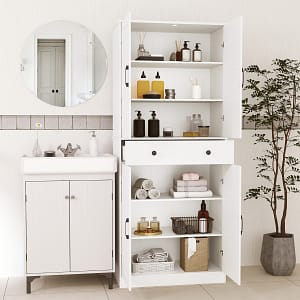 Costway Armadietto da cucina alto 183 cm con 2 kit anti-ribaltamento per soggiorno, Armadio moderno in stile agriturismo con 4 porte Bianco