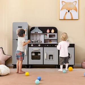 Costway Set da cucina per bambini 3 in 1 con luci e suoni per bambini 3+ anni, Cucina da gioco con frigorifero e lavatrice macchina del ghiaccio Grigio