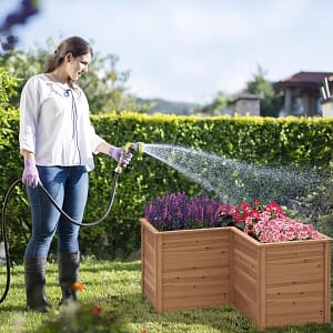 Costway Letto rialzato in legno da giardino con base aperta, Vaso rialzato a forma di L da giardino 120x120x63cm Marrone