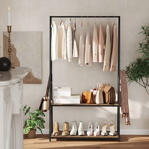 Costway Appendiabiti autoportante con struttura in metallo resistente da letto, Appendiabiti autoportante con 2 ripiani Nero + Marrone