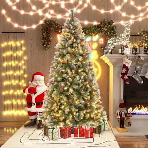 Costway Albero di Natale pre-illuminato da 195cm, Albero artificiale con cerniere luci LED 8 modalità di illuminazione