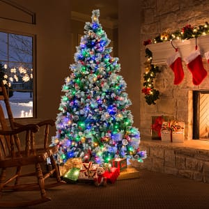 Costway Albero di Natale pre-illuminato con aghi di pino luci led, Albero di natale artificiale incernierato da 215cm