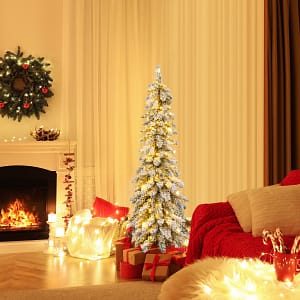 Costway Albero di Natale con neve artificiale punte in PVC timer luci LED a 2 colori, Decorazione natalizia da 120cm