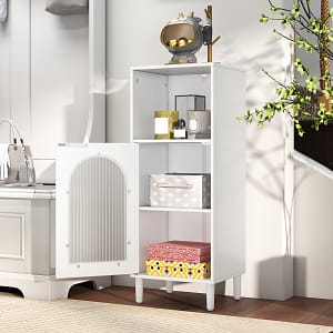 Costway Armadietto da bagno con anta in vetro temperato, Mobile laterale in legno con ripiano regolabile e kit anti-ribaltamento Bianco