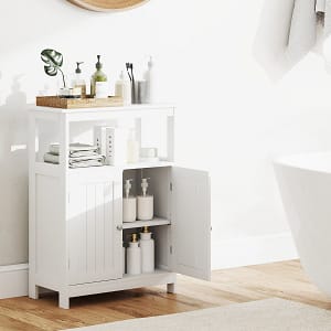 Costway Armadio da pavimento per bagno con scomparto aperto, Organizzatore di stoccaggio con 2 porte e ripiano regolabile Bianco