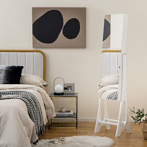 Costway Armadio portagioie con specchio indipendente, Armadietto per gioielli con luci LED incorporate e ripiano inferiore Bianco