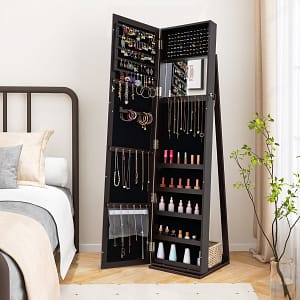 Costway Armadio portagioie 2 in 1 con 30 ganci per collane, Armadio porta gioielli con specchio interno Caffè