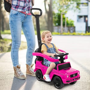 Costway Auto a spinta per bambini con licenza tettuccio regolabile, Carrozzina e auto camminante per bambini 12-36 mesi Rosa