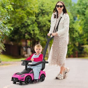 Costway Auto da spinta 3-in-1 con 2 ruote universali volante musicale paracolpi e manubrio, Auto per bambini da 18 a 60 mesi Rosa