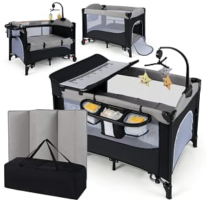 Costway Box per bambini 6-in-1 da viaggio con fasciatoio e materasso, Lettino pieghevole per bambini fino a 15 kg Grigio chiaro