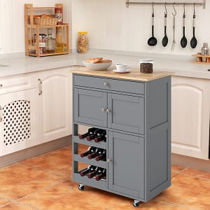Costway Carrello da cucina con portabottiglie a 3 livelli e cassetto, Isola da cucina con superficie in legno Grigio