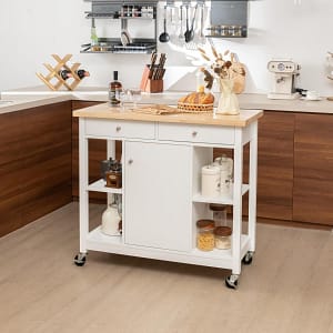 Costway Carrello da cucina mobile con piano in legno di gomma 4 ripiani aperti 2 cassetti profondi, Carrello da servizio Bianco