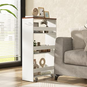 Costway Carrello sottile da 20cm con ruote e ripiani aperti, Carrello utilitario estraibile da cucina a 4 ripiani Bianco