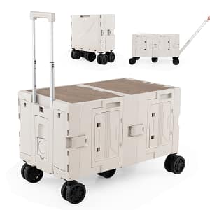 Costway Carrello utilitario pieghevole grande con armadio a 2 livelli 5 ruote rotanti, Carrello a rulli portatile per spesa manico telescopico in metallo Bian