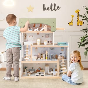 Costway Casa dei giocattoli per bambini fai da te con 33 pezzi di mobili accessori, Casa delle bambole in legno per ragazzi e ragazze Verde chiaro