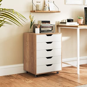 Costway Cassettiera a 5 cassetti con ruote bloccabili, Mobile da archiviazione sotto scrivania per ufficio e casa Naturale