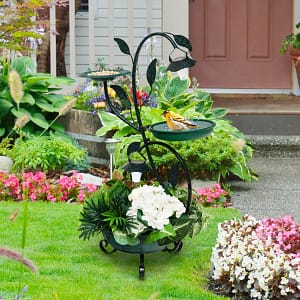 Costway Combo di vasca e mangiatoia per uccelli alimentata a energia solare, Mangiatoia per uccelli da esterno alta 83cm Bronzo