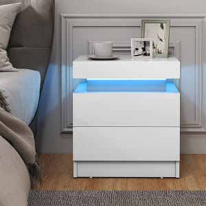 Costway Comodino con luci a LED 2 cassetti, Tavolino da divano moderno con finitura lucida effetto marmo 45x35x52cm Bianco