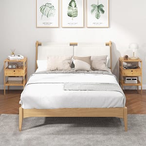 Costway Set di 2 comodini multiuso in bambù con cassetto portaoggetti e scaffale a doghe, Tavolini moderno a 3 livelli Naturale