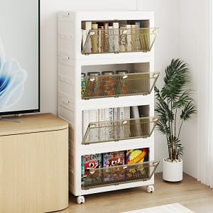 Costway Contenitori di stoccaggio in plastica a 4 livelli, Scatole impilabili con coperchio Bianco + Marrone