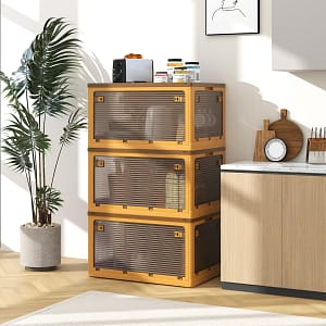 Costway Contenitori pieghevoli da 292,5L con coperchi, Set di 3 scatole sovrapponibili con ruote e 5 porte per casa Giallo