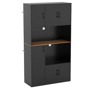 Costway Credenza autoportante con supporto per microonde sala da pranzo in legno per cucina, Armadio dispensa alto 180 cm con presa Nero