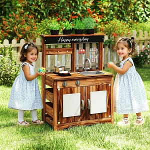 Costway Cucina da giardino in legno di abete con 4 vasi da piante, Set da cucina giocattolo con lavandino e fornello per bambini Marrone