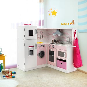 Costway Cucina giocattolo ad angolo in legno per bambini, Mini cucina giocattolo con luci e suoni interattivi Rosa