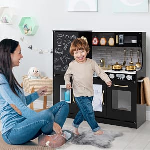 Costway Set cucina per bambini con lavagna telefono microonde fabbricatore di ghiaccio, Cucina gioco finta in legno Nero