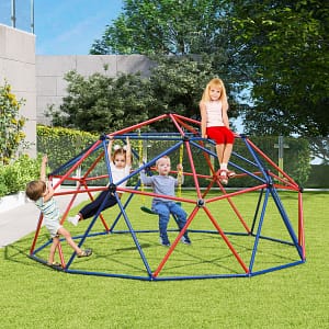 Costway Cupola di arrampicata con altalena 305 cm, Gioco da giungla per bambini con barre per arrampicata per esterni Rosso