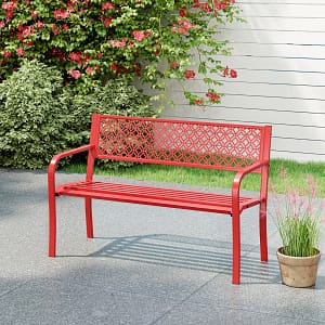 Costway Panca da giardino da 127 cm per esterni panca in metallo, Schienale motivo geometrico Rosso