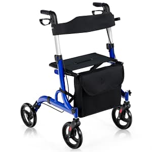 Costway Deambulatore con seduta 2 in 1, Rollator pieghevole con 4 ruote 20cm maniglie regolabili borsa portaoggetti Blu