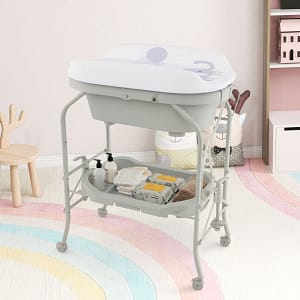 Costway Fasciatoio per bambini con mini vasca da bagno cuscinetto in PVC, Stazione di cambio pannolini per neonati Grigio chiaro