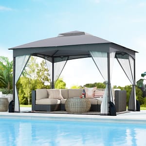 Costway Gazebo da patio tetto morbido a doppia copertura con 4 sacchetti di sabbia, Gazebo da patio 3 x 3,6 m per prato giardino all’aperto Grigio