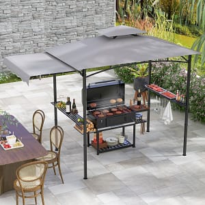 Costway Gazebo per barbecue 250 x 203cm con tendalino laterale tetto a 2 livelli 2 ripiani laterali, Rifugio per barbecue Grigio
