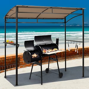 Costway Gazebo per barbecue da 216cm con ripiano ganci e struttura in metallo, Pergola per BBQ da esterno Marrone