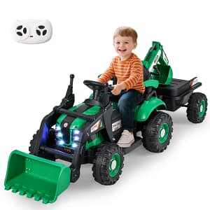 Costway Veicolo di costruzione elettrico 12V con rimorchio cucchiaia scavatore trattore, Escavatore e bulldozer 4-in-1 per bambini Verde