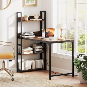 Costway Scrivania per computer con ciabatta elettrica e 2 porte USB, Scrivania studio da 120 CM con mensola uscite AC Marrone Rustico & Nero