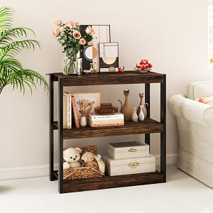 Costway Libreria a 3 ripiani con doppio kit anti-ribaltamento, Scaffale in legno per Soggiorno Marrone Rustico e Nero