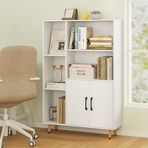 Costway Libreria autoportante con 5 scomparti aperti e armadio, Mobile espositore moderno con piedi in metallo Bianco