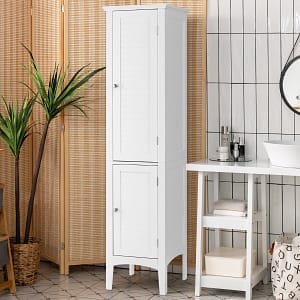 Costway Mobile bagno alto con 2 ante 5 vani, Colonna bagno da terra salvaspazio 37x37x160cm Bianco